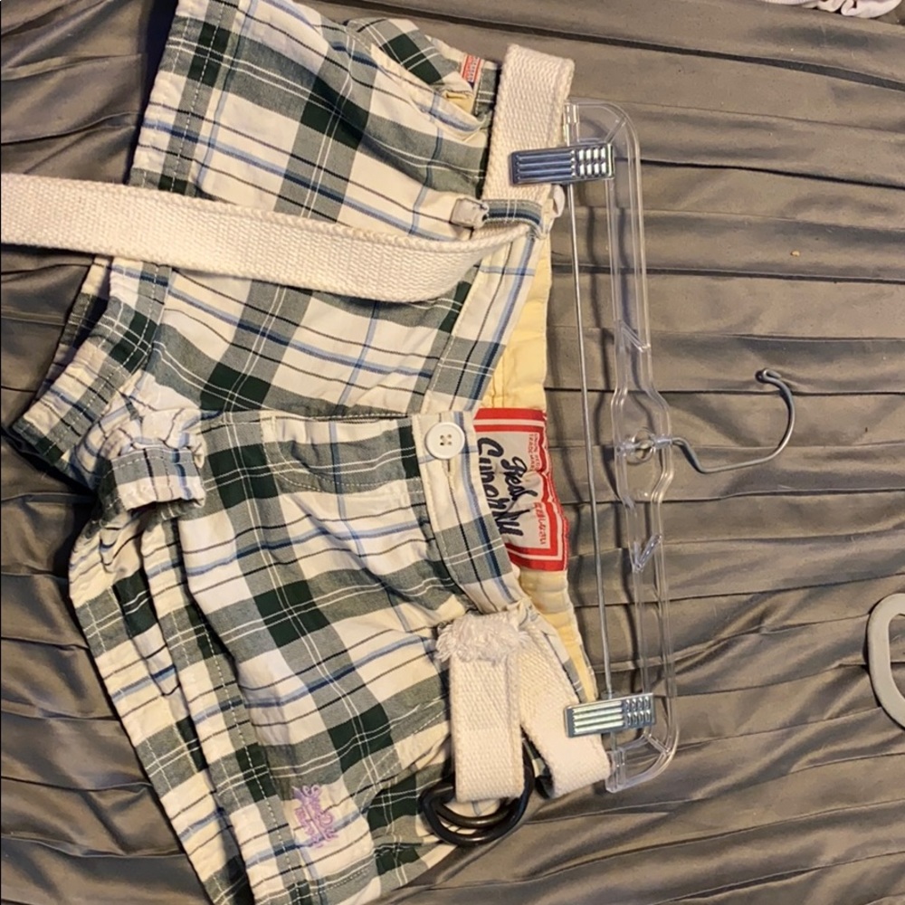 Beige green and blue plaid shorts